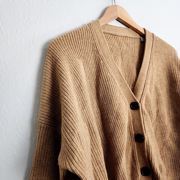 A.L.C May Ribbed Knit Slouchy V-Neck Merino Wool Cardigan Sweater in Camel - Picture 10 of 14